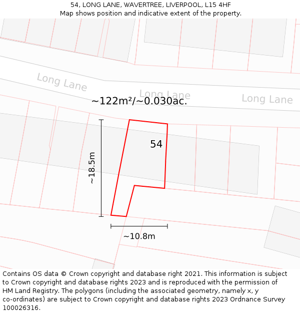 54, LONG LANE, WAVERTREE, LIVERPOOL, L15 4HF: Plot and title map