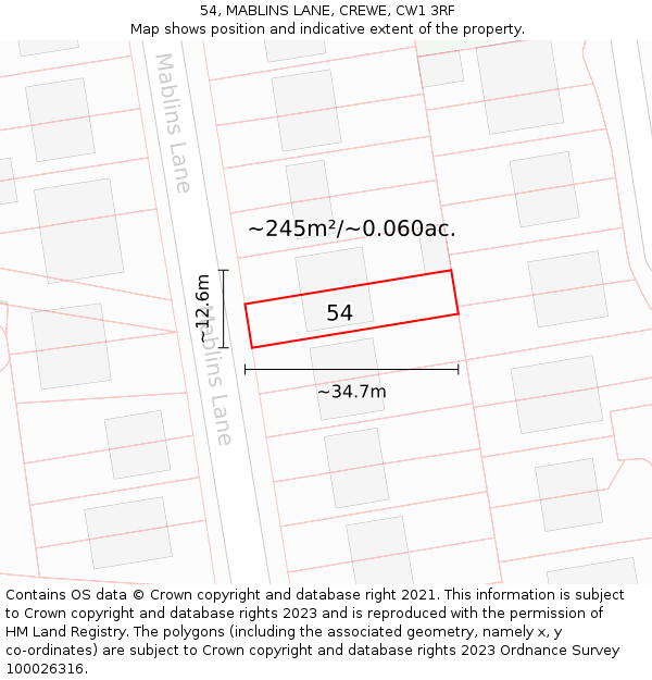 54, MABLINS LANE, CREWE, CW1 3RF: Plot and title map