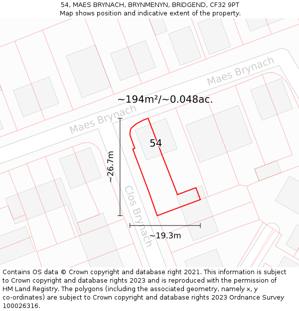 54, MAES BRYNACH, BRYNMENYN, BRIDGEND, CF32 9PT: Plot and title map