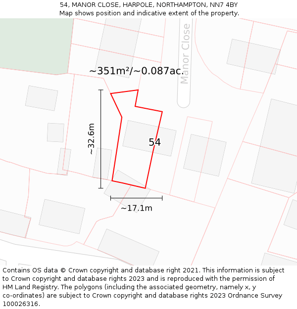 54, MANOR CLOSE, HARPOLE, NORTHAMPTON, NN7 4BY: Plot and title map