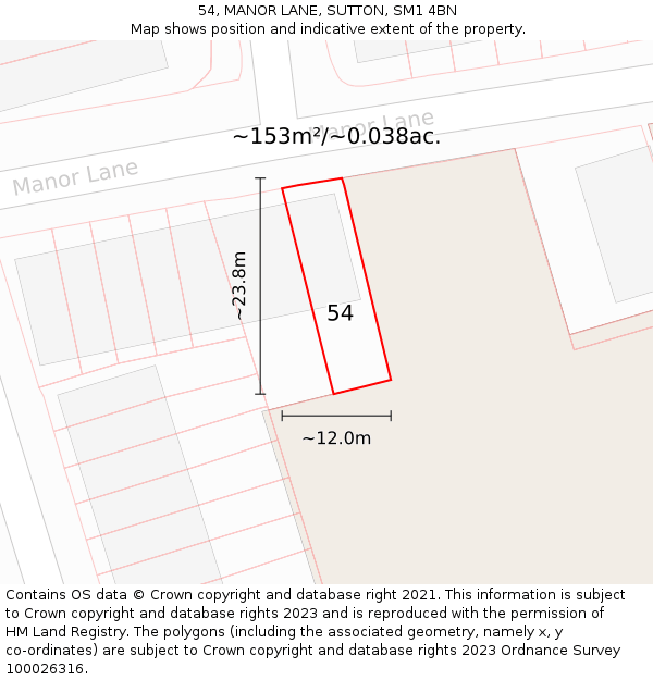 54, MANOR LANE, SUTTON, SM1 4BN: Plot and title map