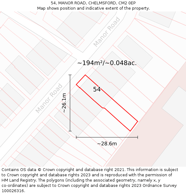 54, MANOR ROAD, CHELMSFORD, CM2 0EP: Plot and title map