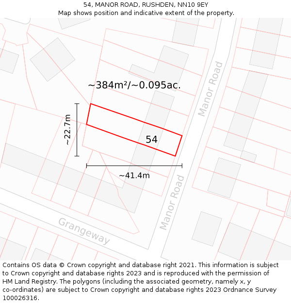 54, MANOR ROAD, RUSHDEN, NN10 9EY: Plot and title map