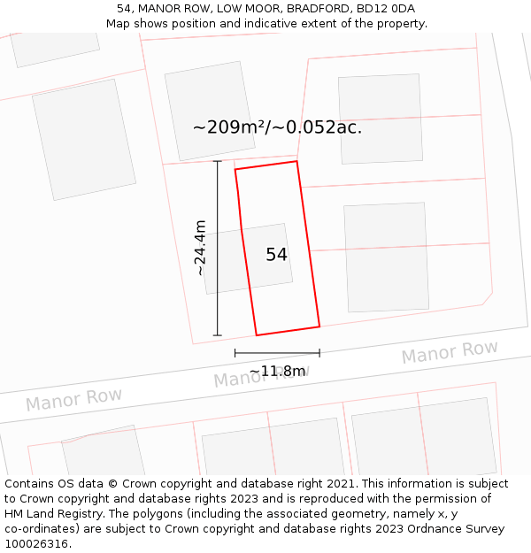 54, MANOR ROW, LOW MOOR, BRADFORD, BD12 0DA: Plot and title map