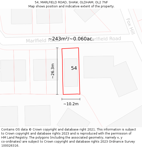 54, MARLFIELD ROAD, SHAW, OLDHAM, OL2 7NF: Plot and title map