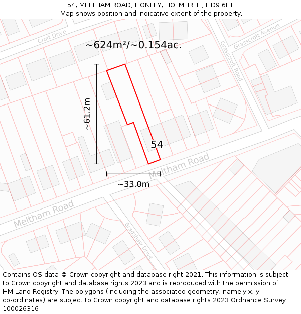 54, MELTHAM ROAD, HONLEY, HOLMFIRTH, HD9 6HL: Plot and title map