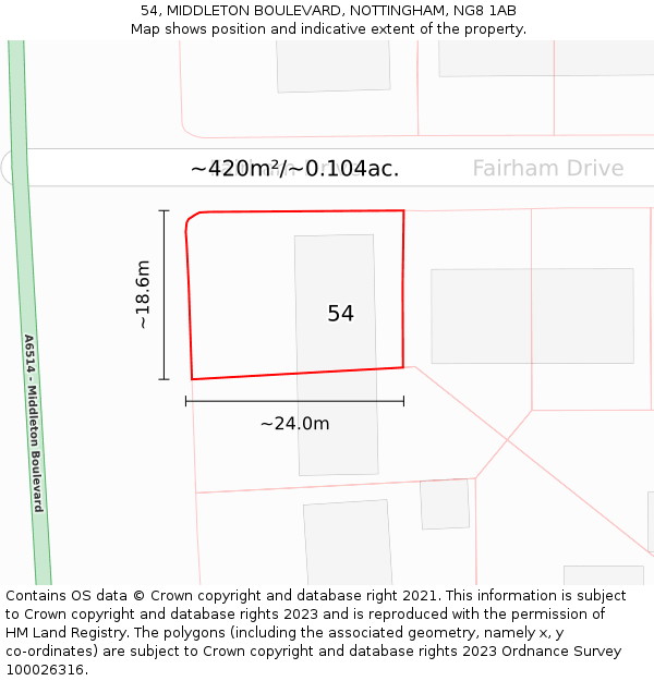 54, MIDDLETON BOULEVARD, NOTTINGHAM, NG8 1AB: Plot and title map