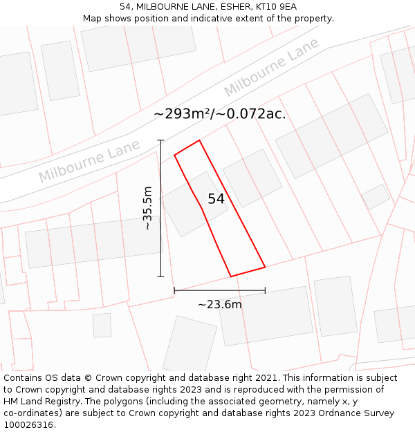 54, MILBOURNE LANE, ESHER, KT10 9EA: Plot and title map