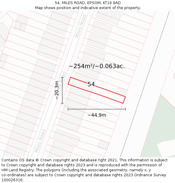 54, MILES ROAD, EPSOM, KT19 9AD: Plot and title map