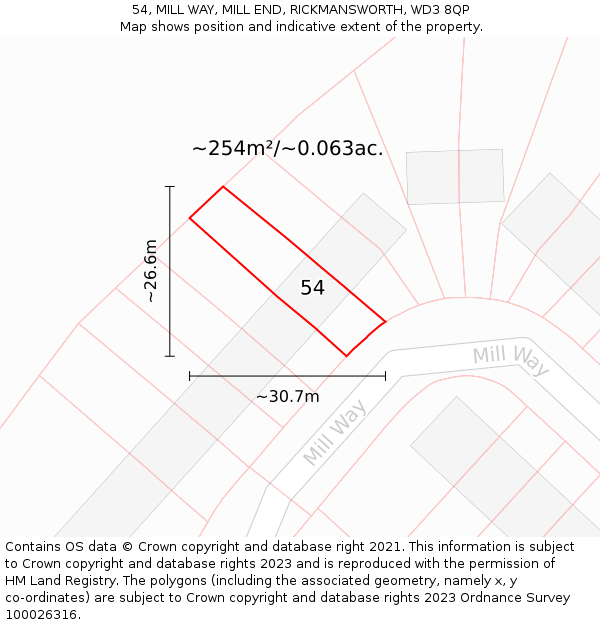54, MILL WAY, MILL END, RICKMANSWORTH, WD3 8QP: Plot and title map