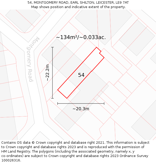 54, MONTGOMERY ROAD, EARL SHILTON, LEICESTER, LE9 7AT: Plot and title map