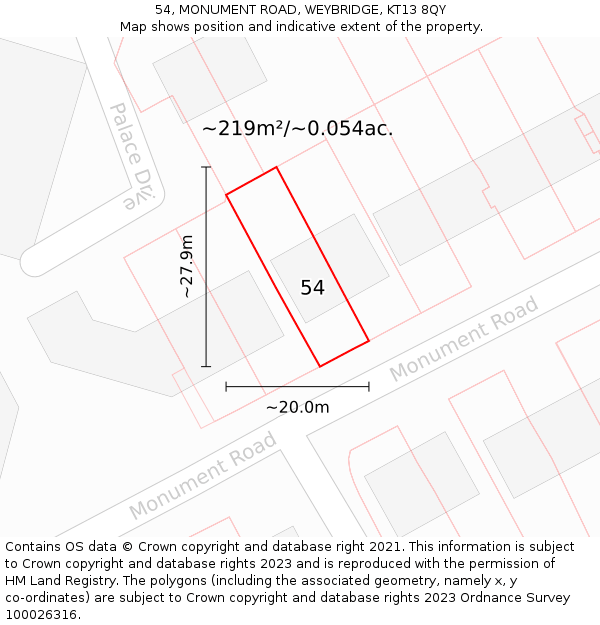 54, MONUMENT ROAD, WEYBRIDGE, KT13 8QY: Plot and title map