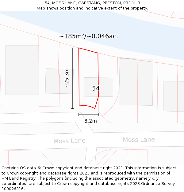 54, MOSS LANE, GARSTANG, PRESTON, PR3 1HB: Plot and title map