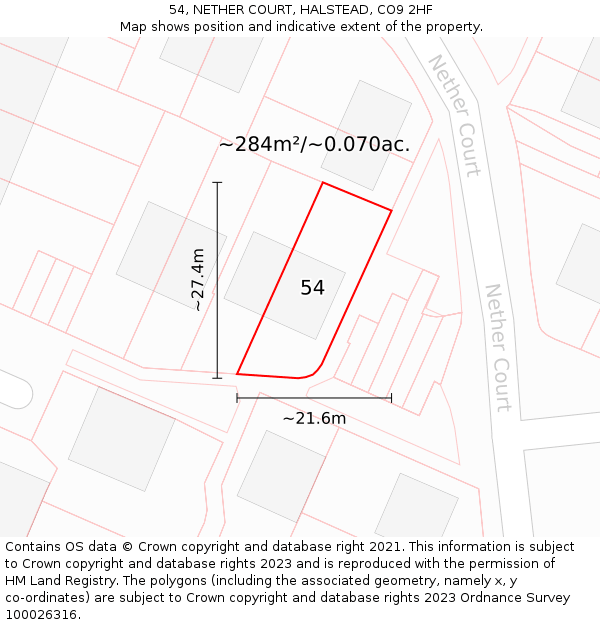 54, NETHER COURT, HALSTEAD, CO9 2HF: Plot and title map