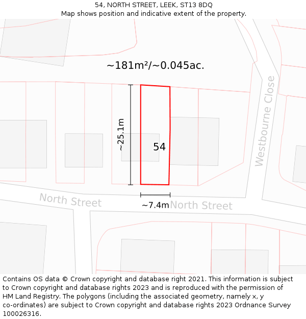54, NORTH STREET, LEEK, ST13 8DQ: Plot and title map