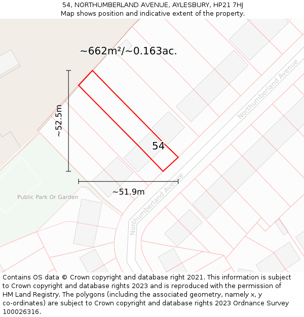 54, NORTHUMBERLAND AVENUE, AYLESBURY, HP21 7HJ: Plot and title map