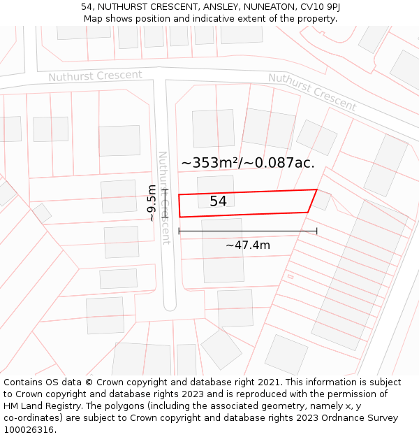 54, NUTHURST CRESCENT, ANSLEY, NUNEATON, CV10 9PJ: Plot and title map