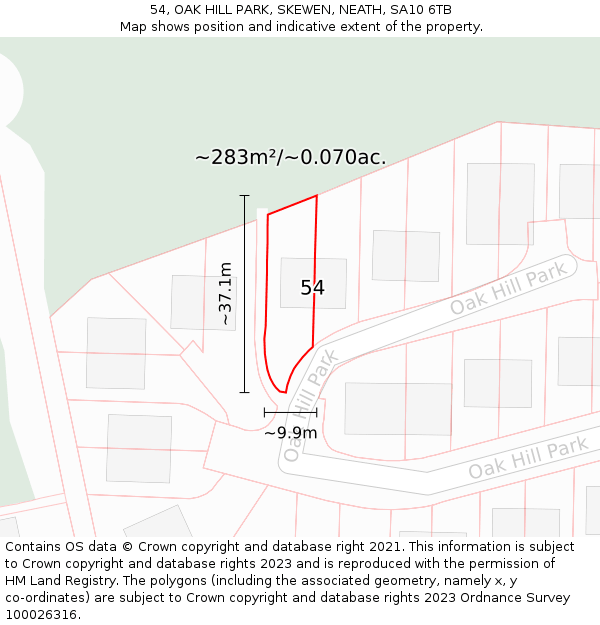 54, OAK HILL PARK, SKEWEN, NEATH, SA10 6TB: Plot and title map