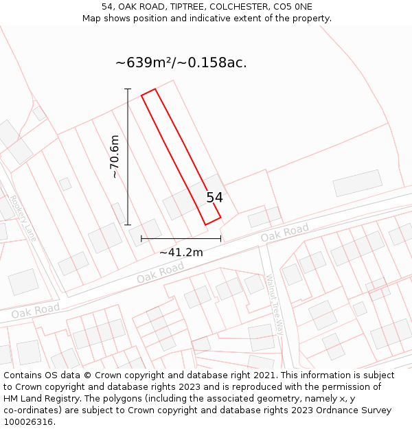 54, OAK ROAD, TIPTREE, COLCHESTER, CO5 0NE: Plot and title map