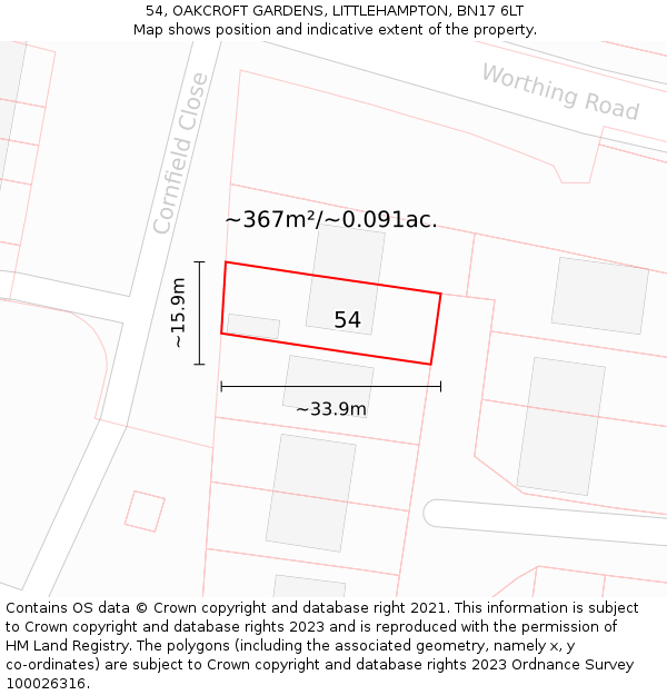 54, OAKCROFT GARDENS, LITTLEHAMPTON, BN17 6LT: Plot and title map