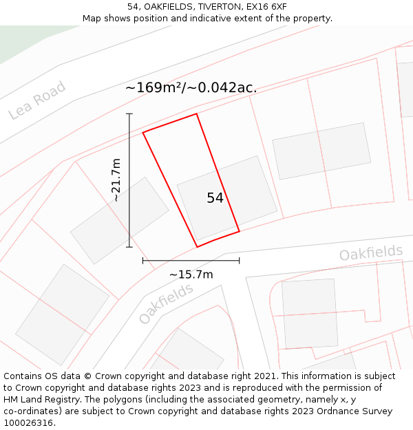 54, OAKFIELDS, TIVERTON, EX16 6XF: Plot and title map