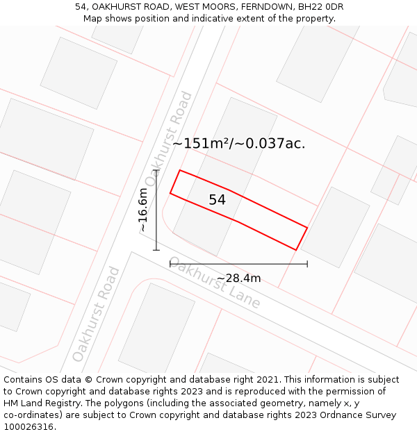 54, OAKHURST ROAD, WEST MOORS, FERNDOWN, BH22 0DR: Plot and title map