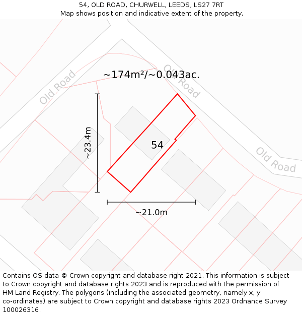 54, OLD ROAD, CHURWELL, LEEDS, LS27 7RT: Plot and title map