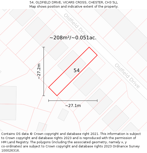 54, OLDFIELD DRIVE, VICARS CROSS, CHESTER, CH3 5LL: Plot and title map