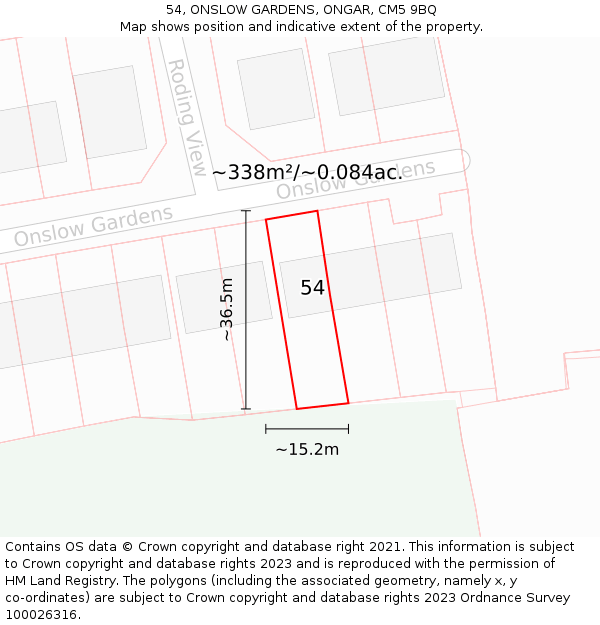 54, ONSLOW GARDENS, ONGAR, CM5 9BQ: Plot and title map