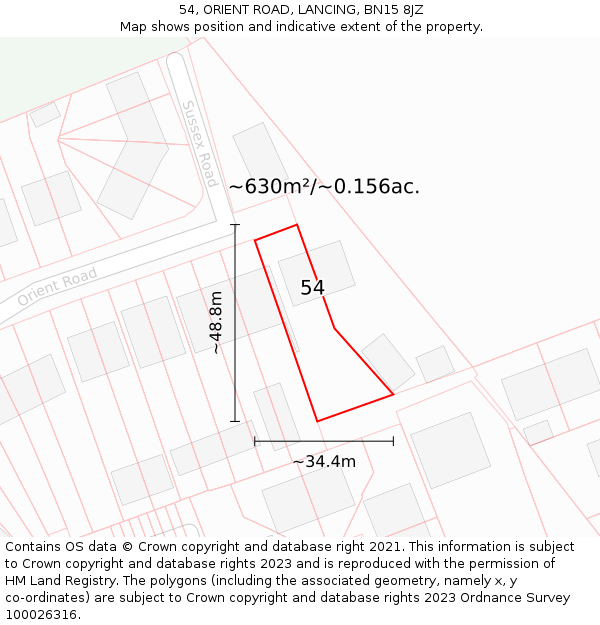 54, ORIENT ROAD, LANCING, BN15 8JZ: Plot and title map