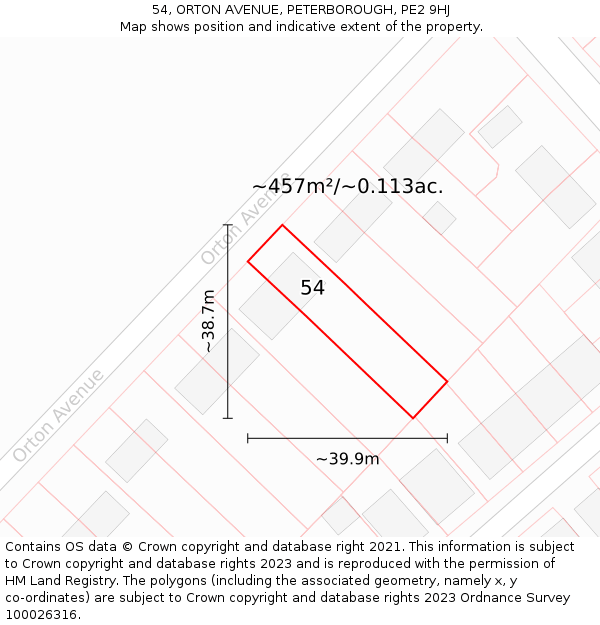 54, ORTON AVENUE, PETERBOROUGH, PE2 9HJ: Plot and title map