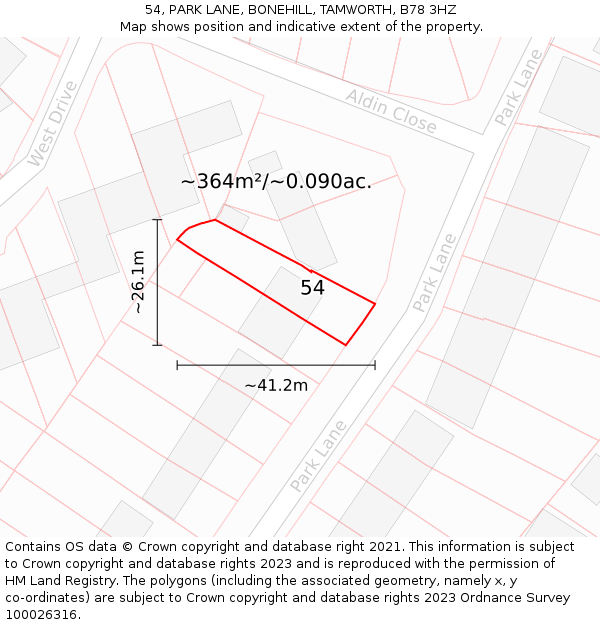 54, PARK LANE, BONEHILL, TAMWORTH, B78 3HZ: Plot and title map