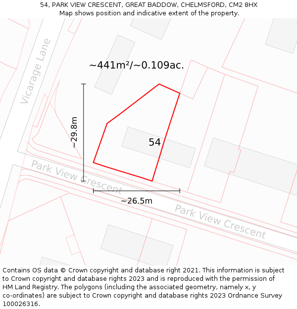 54, PARK VIEW CRESCENT, GREAT BADDOW, CHELMSFORD, CM2 8HX: Plot and title map