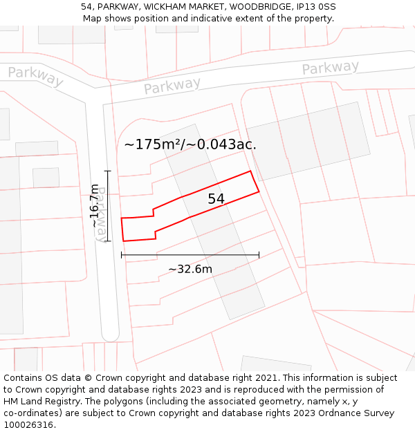 54, PARKWAY, WICKHAM MARKET, WOODBRIDGE, IP13 0SS: Plot and title map