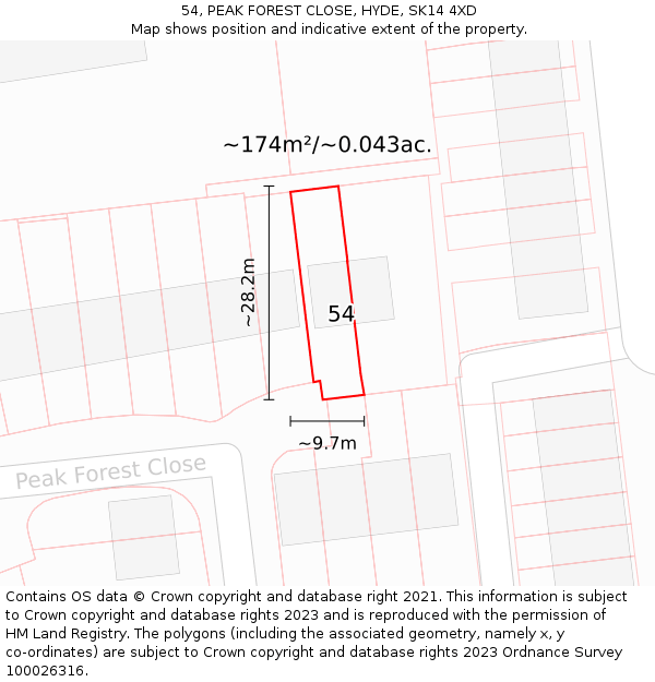 54, PEAK FOREST CLOSE, HYDE, SK14 4XD: Plot and title map