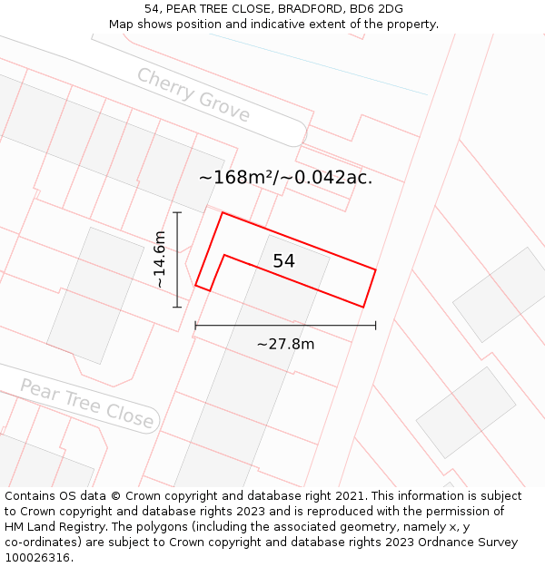 54, PEAR TREE CLOSE, BRADFORD, BD6 2DG: Plot and title map