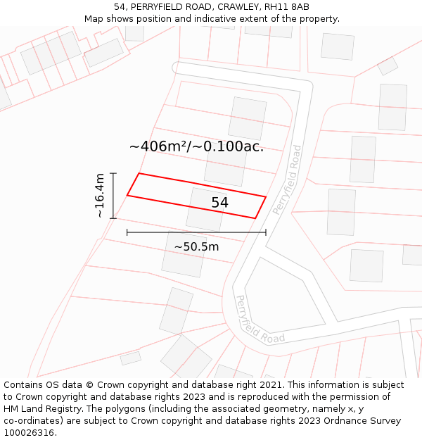 54, PERRYFIELD ROAD, CRAWLEY, RH11 8AB: Plot and title map