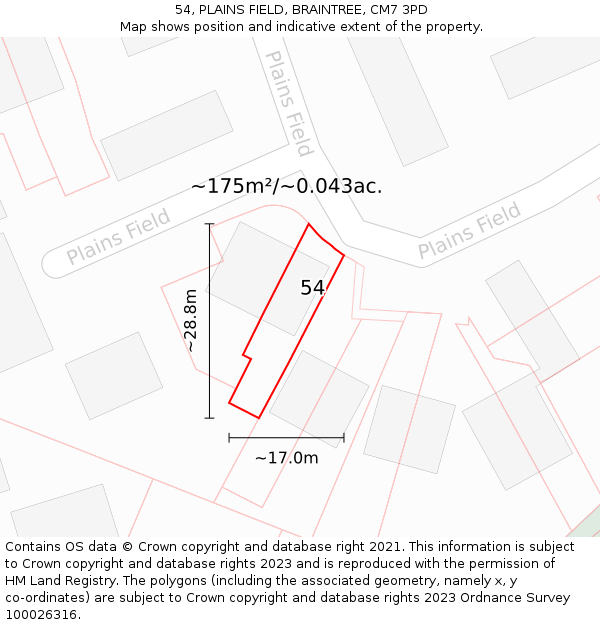 54, PLAINS FIELD, BRAINTREE, CM7 3PD: Plot and title map