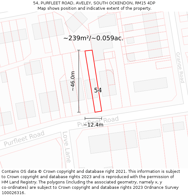 54, PURFLEET ROAD, AVELEY, SOUTH OCKENDON, RM15 4DP: Plot and title map