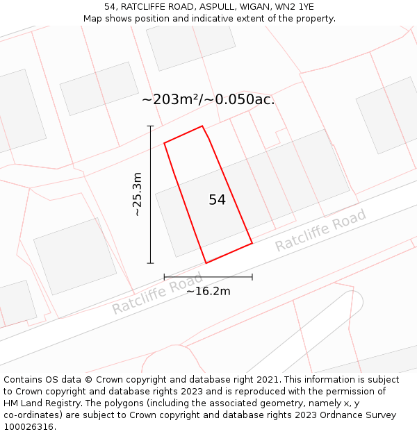 54, RATCLIFFE ROAD, ASPULL, WIGAN, WN2 1YE: Plot and title map