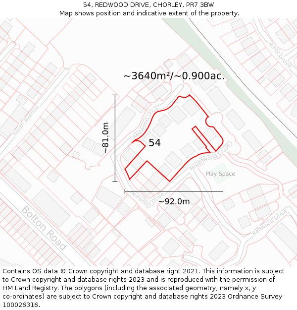 54, REDWOOD DRIVE, CHORLEY, PR7 3BW: Plot and title map