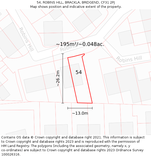 54, ROBINS HILL, BRACKLA, BRIDGEND, CF31 2PJ: Plot and title map