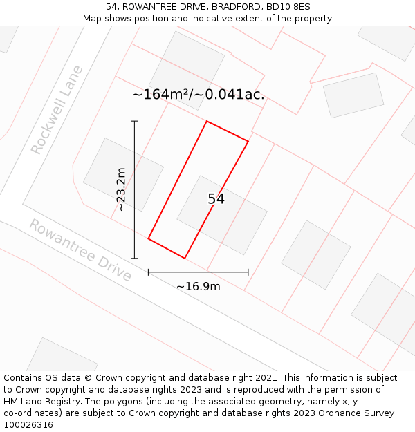 54, ROWANTREE DRIVE, BRADFORD, BD10 8ES: Plot and title map