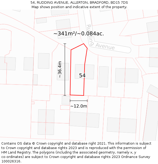 54, RUDDING AVENUE, ALLERTON, BRADFORD, BD15 7DS: Plot and title map