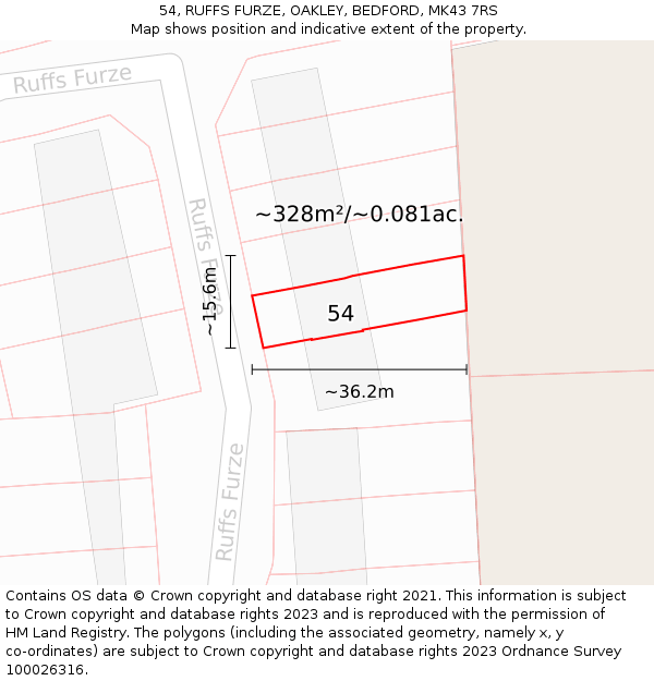 54, RUFFS FURZE, OAKLEY, BEDFORD, MK43 7RS: Plot and title map