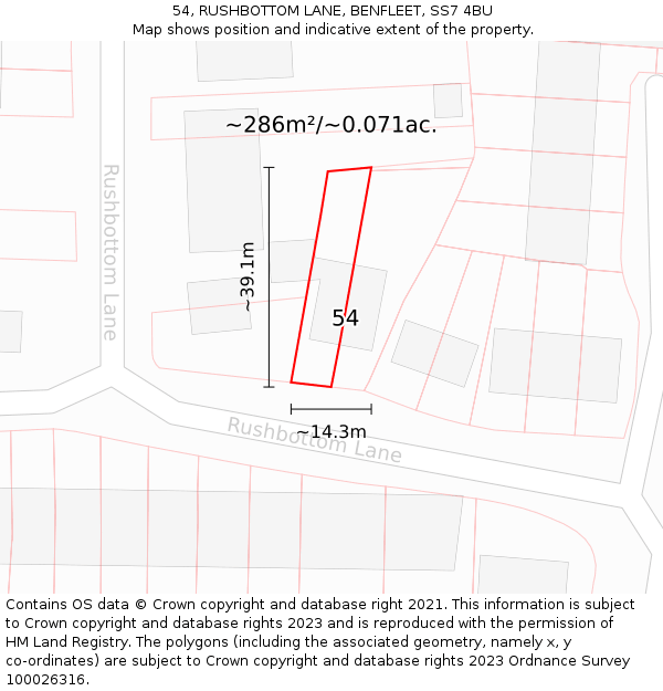 54, RUSHBOTTOM LANE, BENFLEET, SS7 4BU: Plot and title map