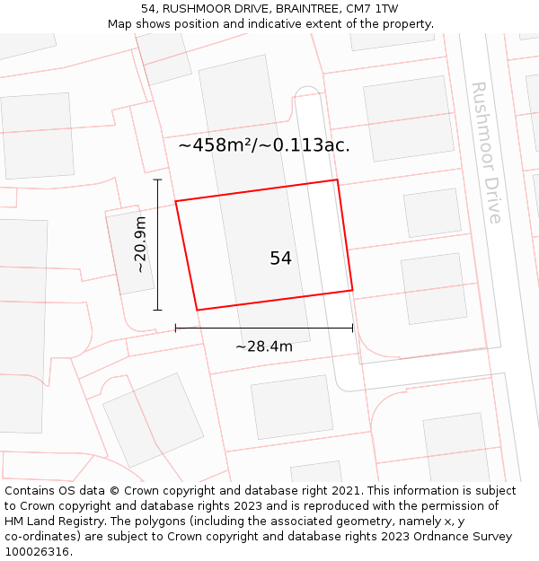 54, RUSHMOOR DRIVE, BRAINTREE, CM7 1TW: Plot and title map