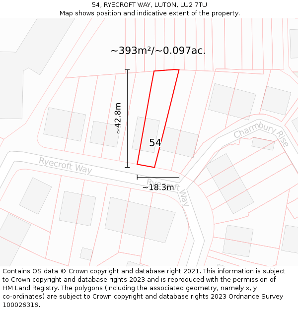 54, RYECROFT WAY, LUTON, LU2 7TU: Plot and title map