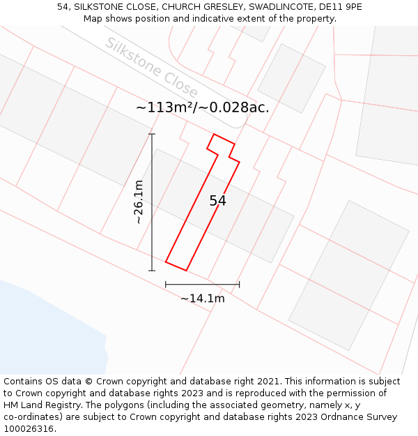 54, SILKSTONE CLOSE, CHURCH GRESLEY, SWADLINCOTE, DE11 9PE: Plot and title map