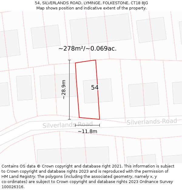 54, SILVERLANDS ROAD, LYMINGE, FOLKESTONE, CT18 8JG: Plot and title map